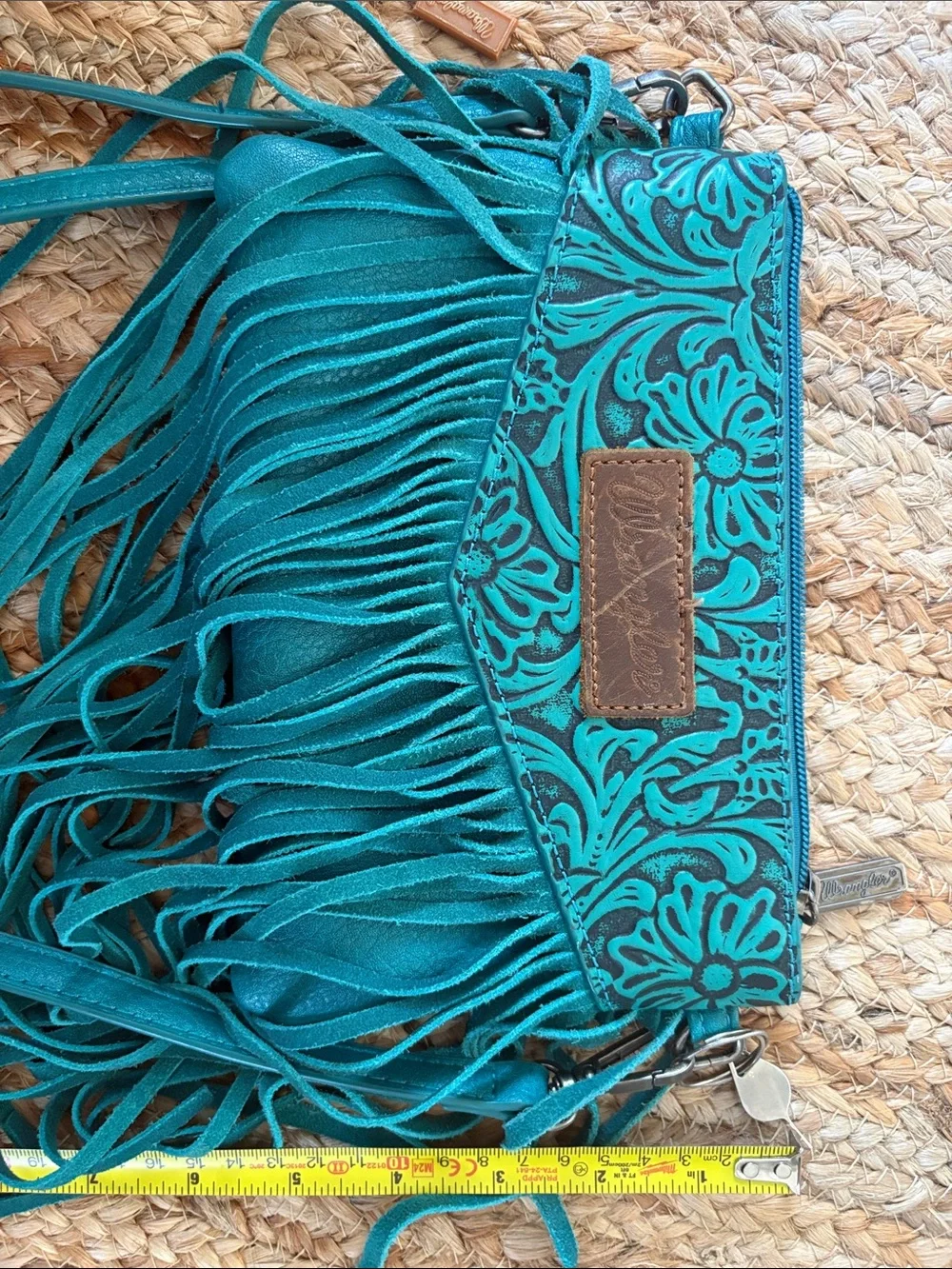 Tooled Fringe Crossbody Wallet in Teal by